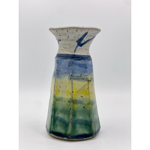 Handmade Studio Art Pottery Vase Signed MEG Sunset Glaze in Green, Yellow & Blue - Picture 1 of 10